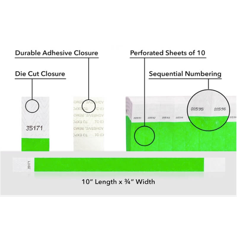 detailed information about product showing a durable die cut adhesive closure, sequential numbering and perforated sheets of 10 on tyvek 3/4" wristbands shown in solid neon green