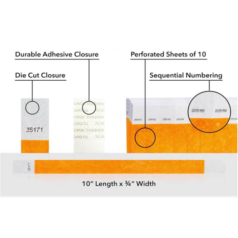 detailed information about product showing a durable die cut adhesive closure, sequential numbering and perforated sheets of 10 on tyvek 3/4" wristbands shown in solid neon orange
