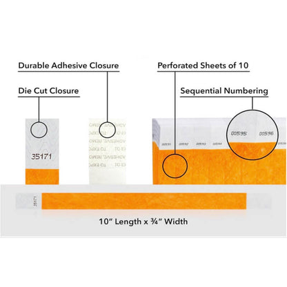 detailed information about product showing a durable die cut adhesive closure, sequential numbering and perforated sheets of 10 on tyvek 3/4" wristbands shown in solid neon orange
