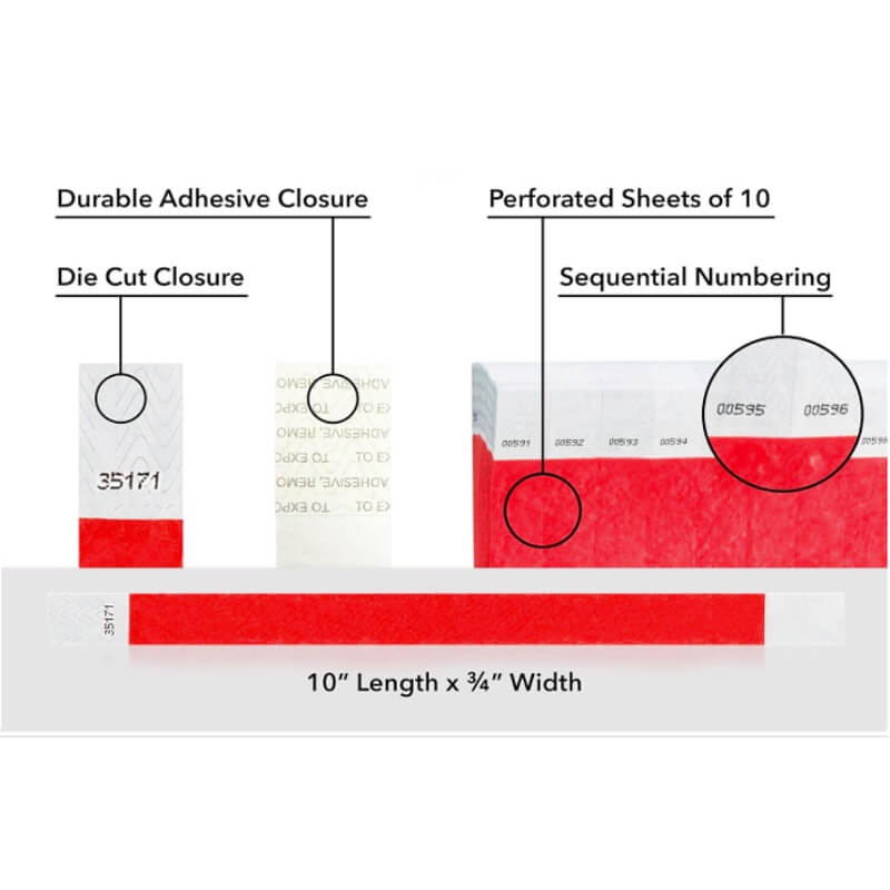 detailed information about product showing a durable die cut adhesive closure, sequential numbering and perforated sheets of 10 on tyvek 3/4" wristbands shown in solid neon red