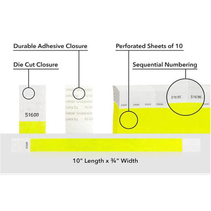 detailed information about product showing a durable die cut adhesive closure, sequential numbering and perforated sheets of 10 on tyvek 3/4" wristbands shown in solid neon yellow