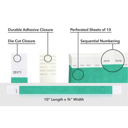detailed information about product showing a durable die cut adhesive closure, sequential numbering and perforated sheets of 10 on tyvek 3/4" wristbands shown in solid pantone green