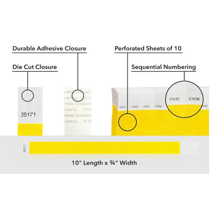 detailed information about product showing a durable die cut adhesive closure, sequential numbering and perforated sheets of 10 on tyvek 3/4" wristbands shown in solid pantone yellow