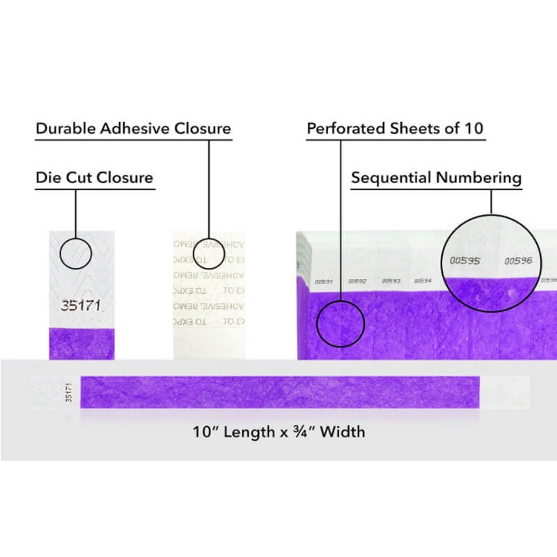 detailed information about product showing a durable die cut adhesive closure, sequential numbering and perforated sheets of 10 on tyvek 3/4" wristbands shown in solid purple