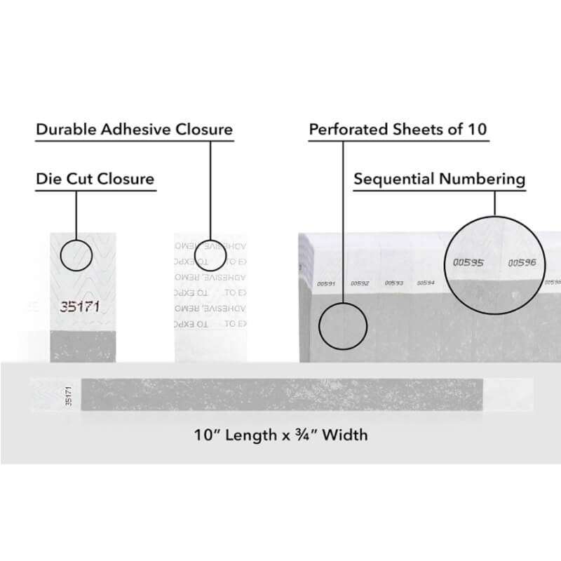 detailed information about product showing a durable die cut adhesive closure, sequential numbering and perforated sheets of 10 on tyvek 3/4" wristbands shown in solid silver