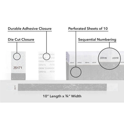 detailed information about product showing a durable die cut adhesive closure, sequential numbering and perforated sheets of 10 on tyvek 3/4" wristbands shown in solid silver