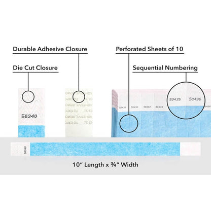 detailed information about product showing a durable die cut adhesive closure, sequential numbering and perforated sheets of 10 on tyvek 3/4" wristbands shown in solid sky blue
