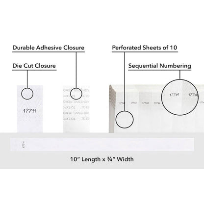 detailed information about product showing a durable die cut adhesive closure, sequential numbering and perforated sheets of 10 on tyvek 3/4" wristbands shown in solid white

