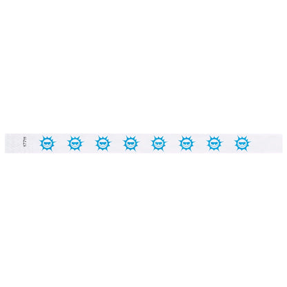 white tyvek wristband with neon blue sun pattern repeated