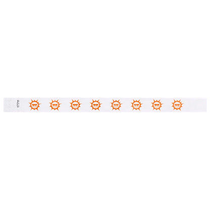 White tyvek wristband with neon orange sunface design - flat version shown