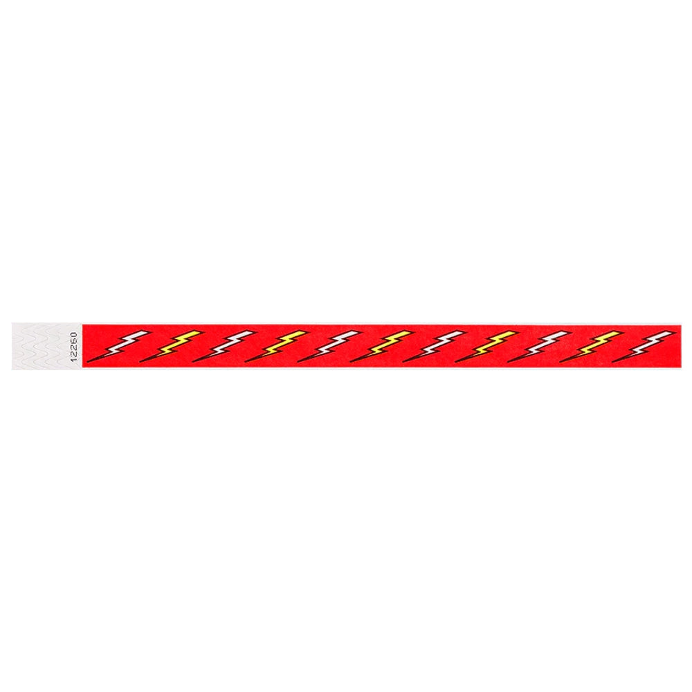 neon red tyvek wristband with white and neon yellow lightning pattern - flat version shown