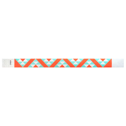aqua and neon orange aztec pattern on a white tyvek wristband - round version shown