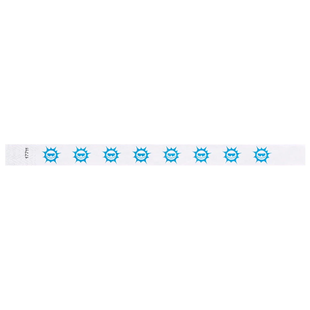 White tyvek wristband with neon blue sunface design - flat version shown