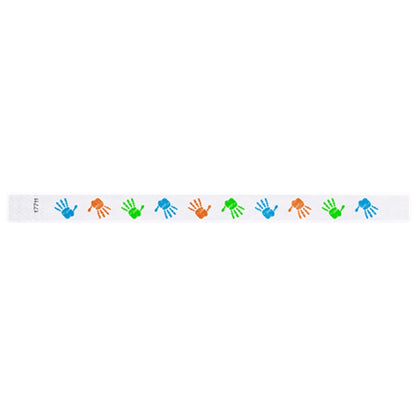 White tyvek wristband with neon orange, neon green and neon blue handprints - round version shown
