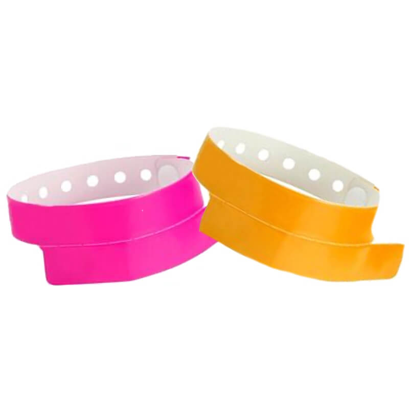 vinyl 1 tab wristbands shown in neon pink and neon orange
