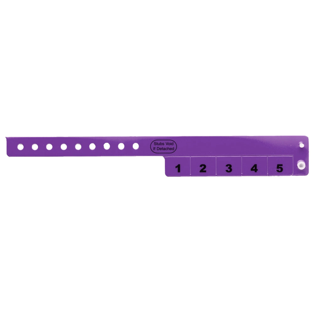 vinyl wristband with 5 tabs in purple - shown in flat 
