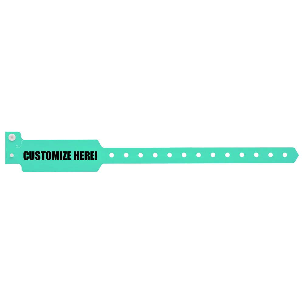 Plastic wide face wristband in aqua with black text "CUSTOMIZE HERE!" - shown in flat 