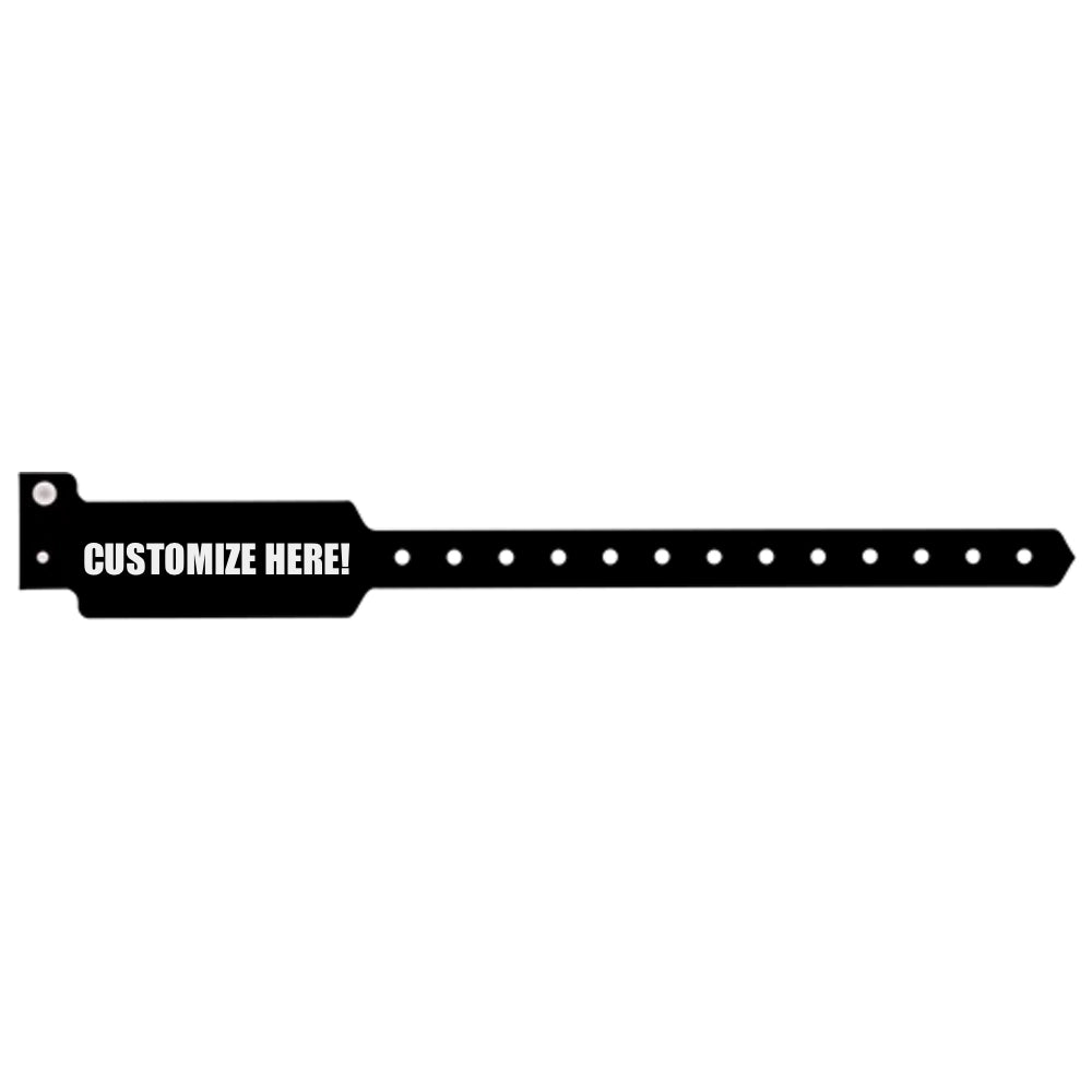 Plastic wide face wristband in black with black text "CUSTOMIZE HERE!" - shown in flat 