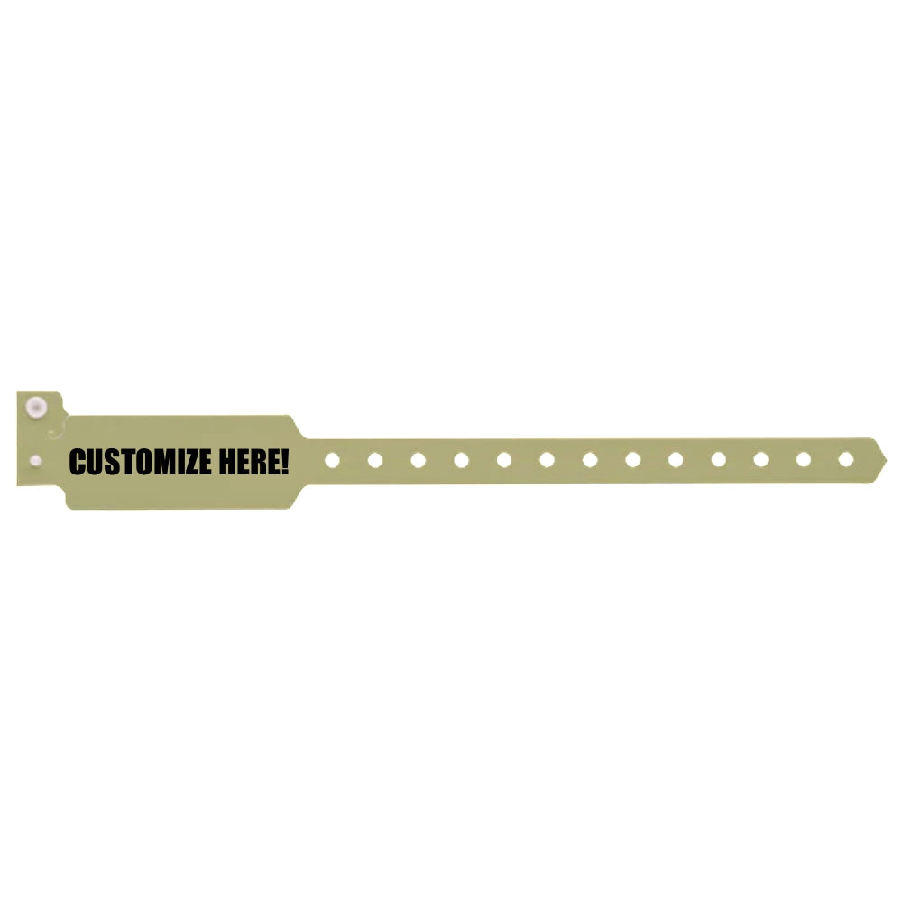 Plastic wide face wristband in gold with black text "CUSTOMIZE HERE!" - shown in flat 