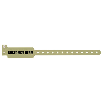 Plastic wide face wristband in gold with black text "CUSTOMIZE HERE!" - shown in flat 