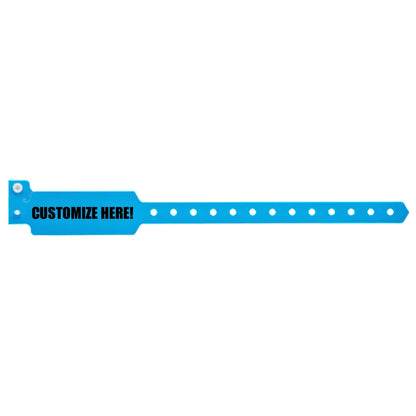 Plastic wide face wristband in neon blue with black text "CUSTOMIZE HERE!" - shown in flat 