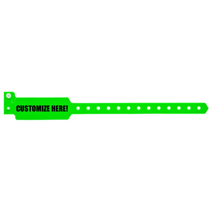 Plastic wide face wristband in neon green with black text "CUSTOMIZE HERE!" - shown in flat 