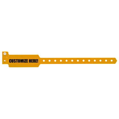 Plastic wide face wristband in neon orange with black text "CUSTOMIZE HERE!" - shown in flat 