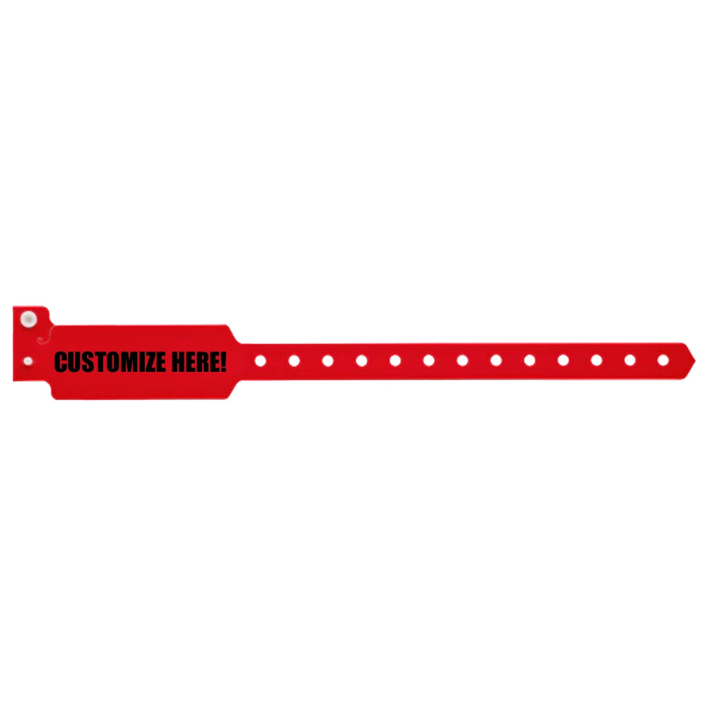 Plastic wide face wristband in neon red with black text "CUSTOMIZE HERE!" - shown in flat 