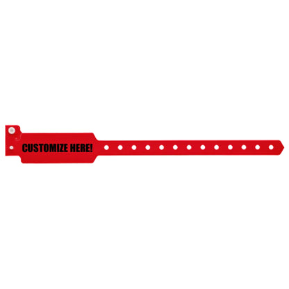 Plastic wide face wristband in neon red with black text "CUSTOMIZE HERE!" - shown in flat 