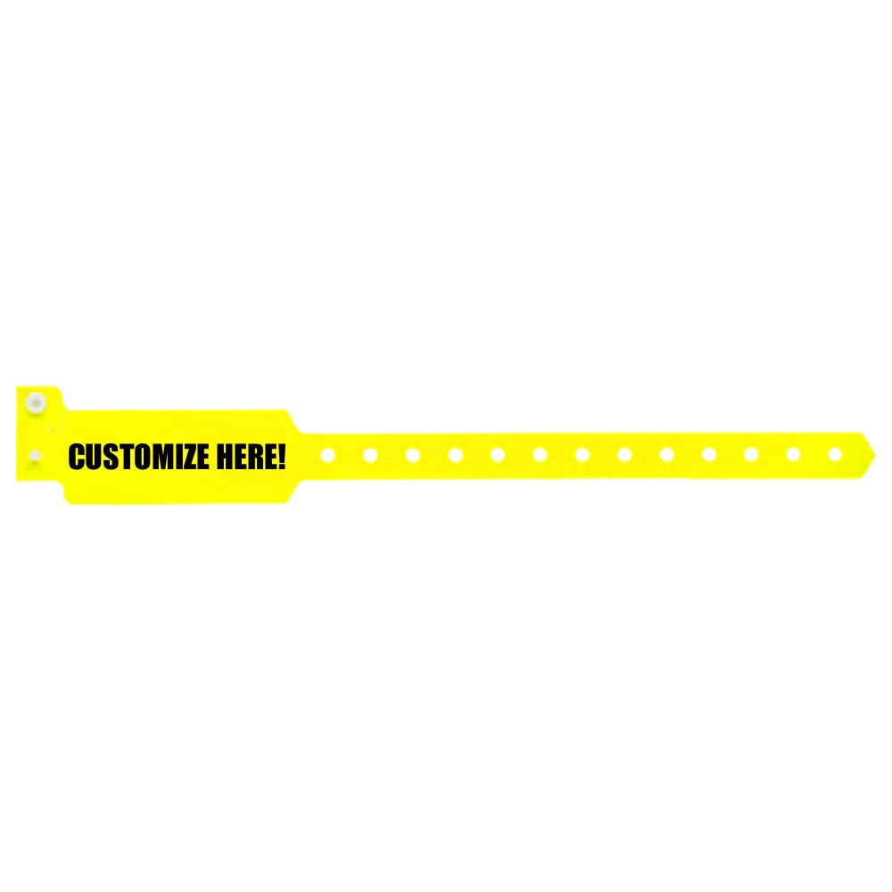 Plastic wide face wristband in neon yellow with black text "CUSTOMIZE HERE!" - shown in flat 