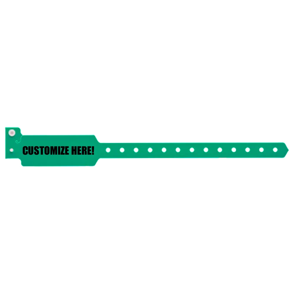 Plastic wide face wristband in pantone  with black text "CUSTOMIZE HERE!" - shown in flat reen