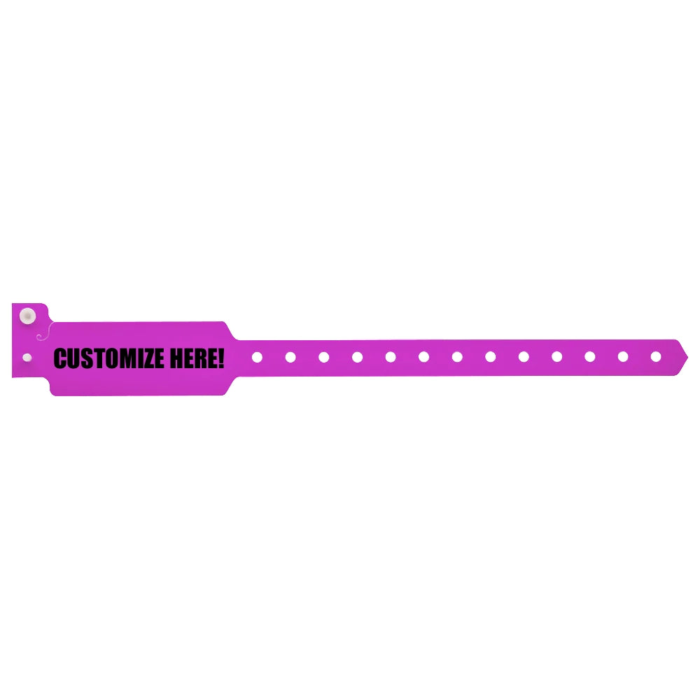 Plastic wide face wristband in pantone purple with black text "CUSTOMIZE HERE!" - shown in flat 