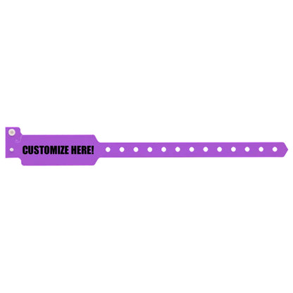 Plastic wide face wristband in purple with black text "CUSTOMIZE HERE!" - shown in flat 
