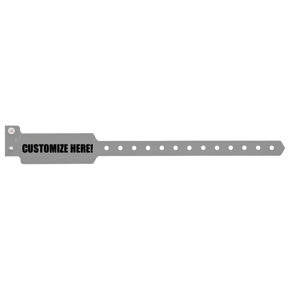 Plastic wide face wristband in silver with black text "CUSTOMIZE HERE!" - shown in flat 
