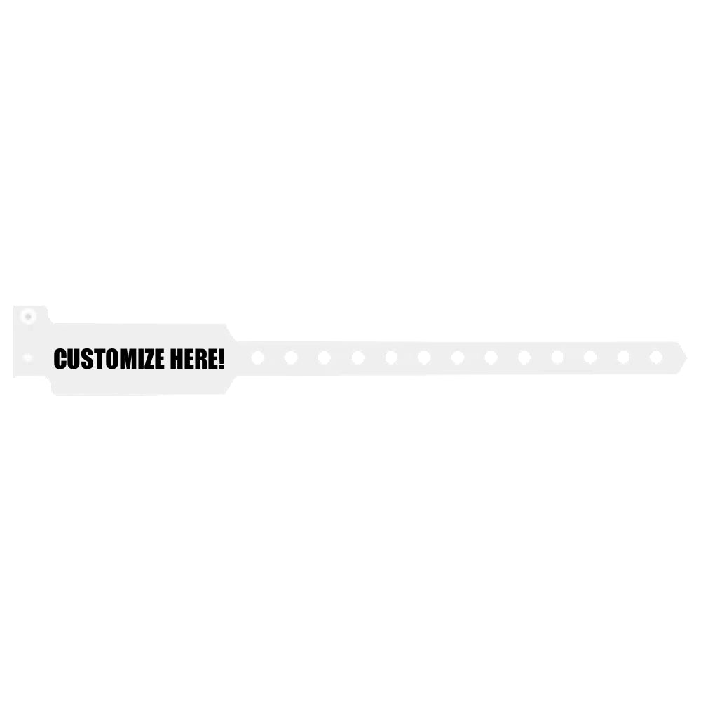 Plastic wide face wristband in white with black text "CUSTOMIZE HERE!" - shown in flat 