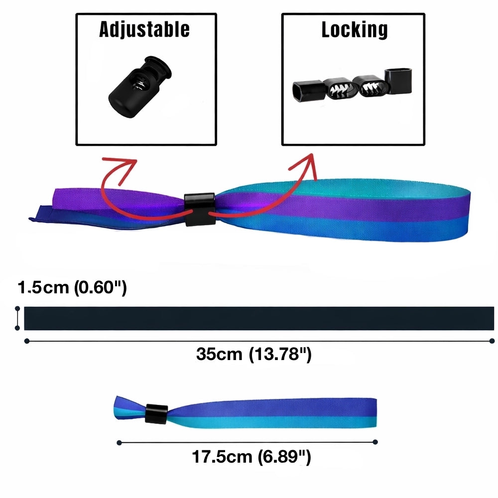 blue purple and teal woven cloth wristbands spec sheet
