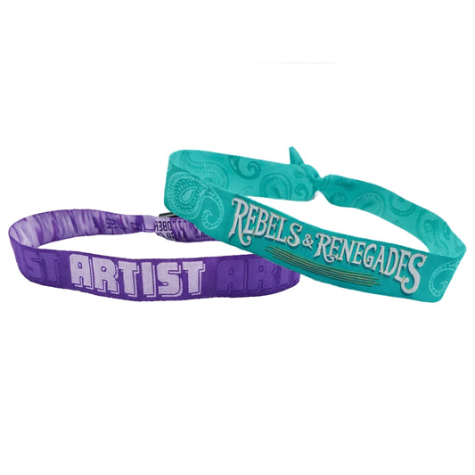 purple and teal woven cloth wristbands
