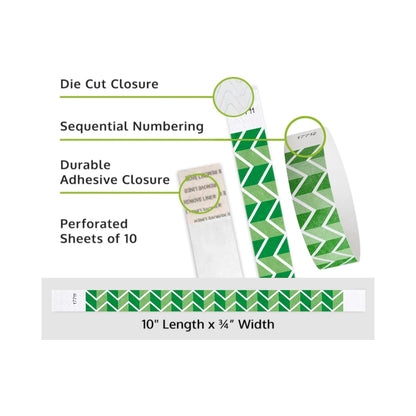 zig zag tyvek wristband detail product page showing the die cut adhesive closure, sequential numbering, perforated sheets of 10 and the dimensions.